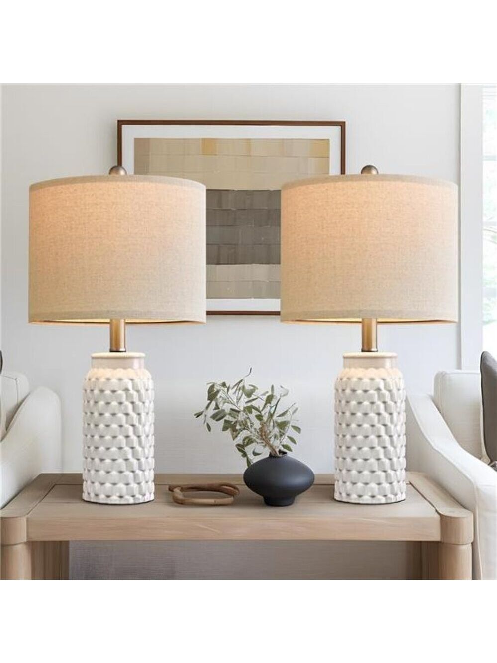 White ceramic table lamp set of 2 modern farmhouse bedside lamps for bedroom